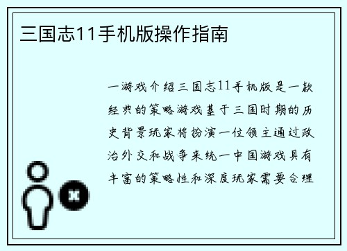 三国志11手机版操作指南